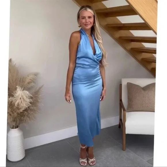 Zara Satin Effect Halter Wrap Midi Dress Blue Size Small